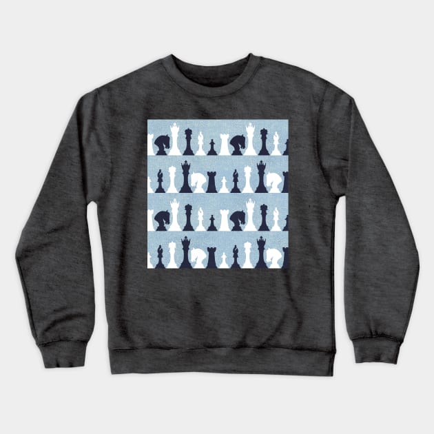 Chess Pieces on Textured Denim Blue Crewneck Sweatshirt by brittanylane